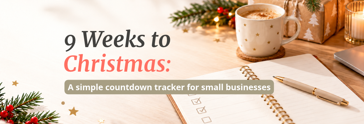 Nine-week Christmas countdown tracker for small businesses, with weekly planning steps on a warm white background.