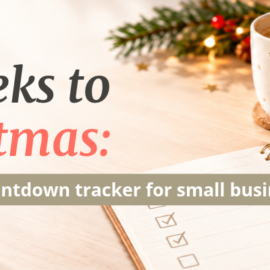 Nine-week Christmas countdown tracker for small businesses, with weekly planning steps on a warm white background.