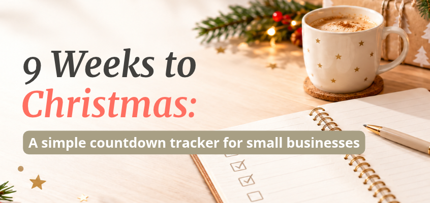Nine-week Christmas countdown tracker for small businesses, with weekly planning steps on a warm white background.